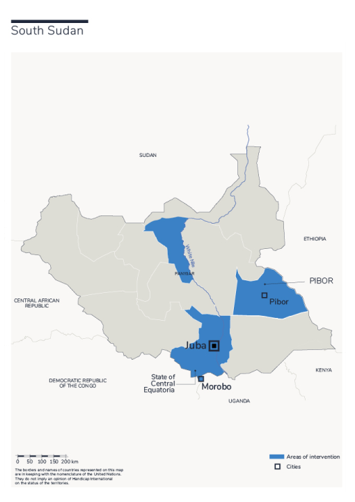 Carte Sud Soudan: présence de HI dans le pays