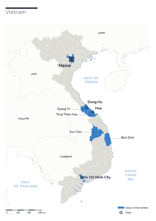 Carte des interventions de HI au Vietnam