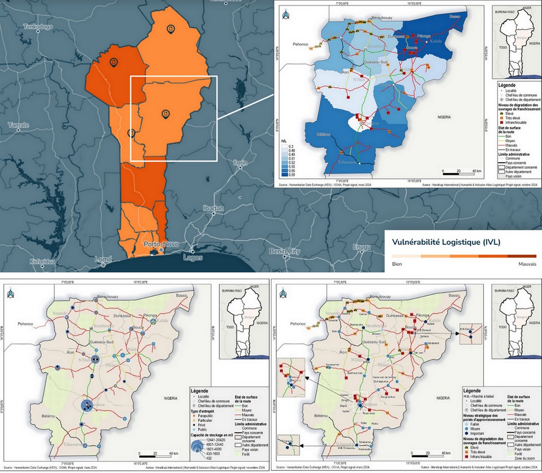 Montage of several maps of a region of Africa, with legends described later in this article.