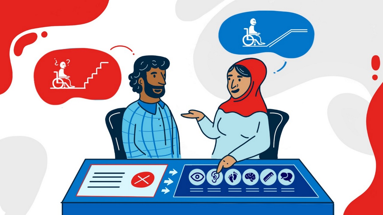 Illustration d'un homme et d'une femme assis derrière un bureau, discutant des solutions possibles aux problèmes d'accessibilité dans différents espaces. L'homme présente le problème et la femme explique les solutions possibles en tenant compte des différents handicaps, en montrant les pictogrammes du groupe de questions de Washington sur le bureau.