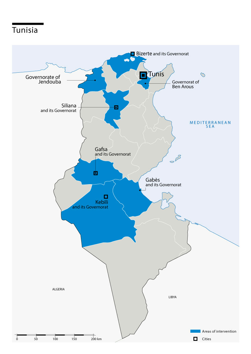 Map of Humanity & Inclusion's interventions in Tunisia
