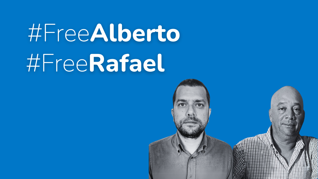 #FreeAlberto #FreeRafael Portraits of Alberto and Rafael against a blue background, accompanied by the hashtags #FreeAlberto and #FreeRafael.; }}